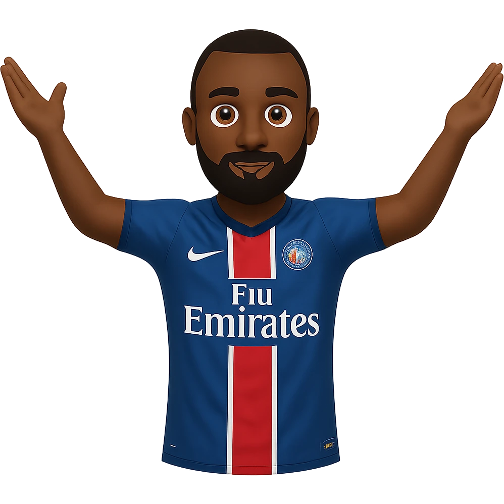 Add a beard to Matuidi with arms-out celebration pose, wearing PSG kit, in emoji style. Remove the background. emoji