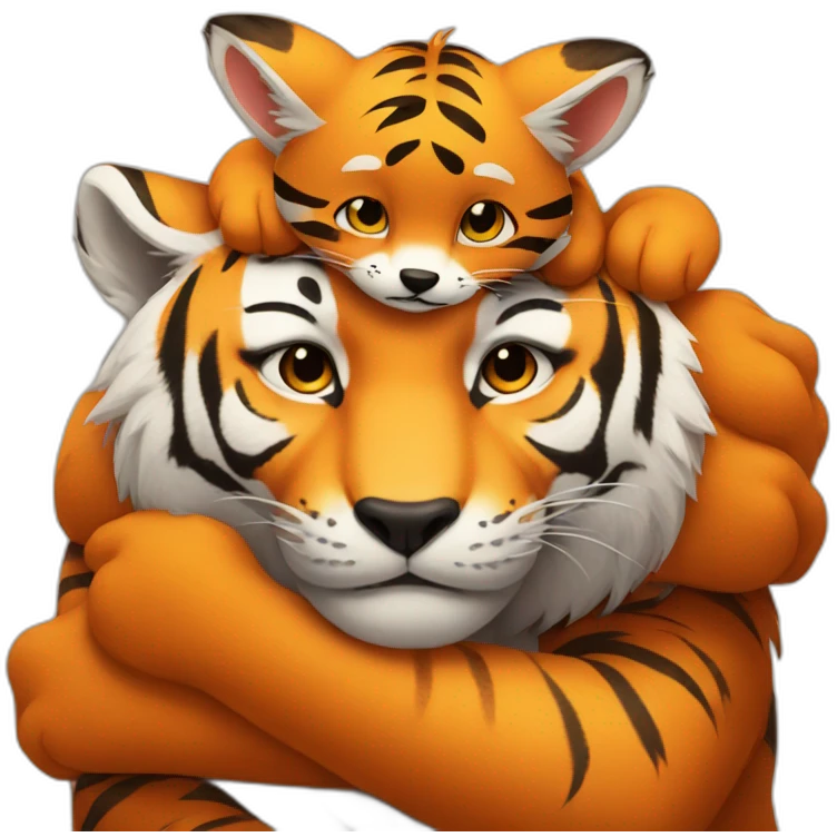 Big tiger hugs small fox tightly emoji