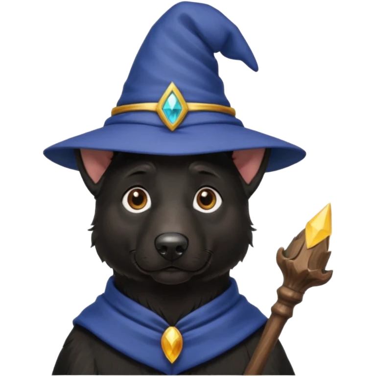 all black german shepherd face wearing a wizard hat and staff emoji