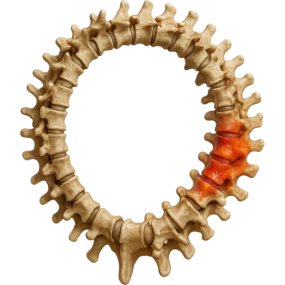 SPINA DORSALE ANATOMICA UMANA REALISTICA infiammata CHIUSA A CERCHIO, iperrealistica 4k, non disegnata emoji