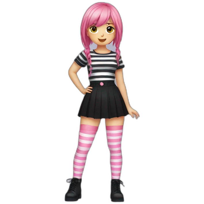 Front view curvy emo girl pink hair sits black skirt pink knickers striped stockings hands up emoji
