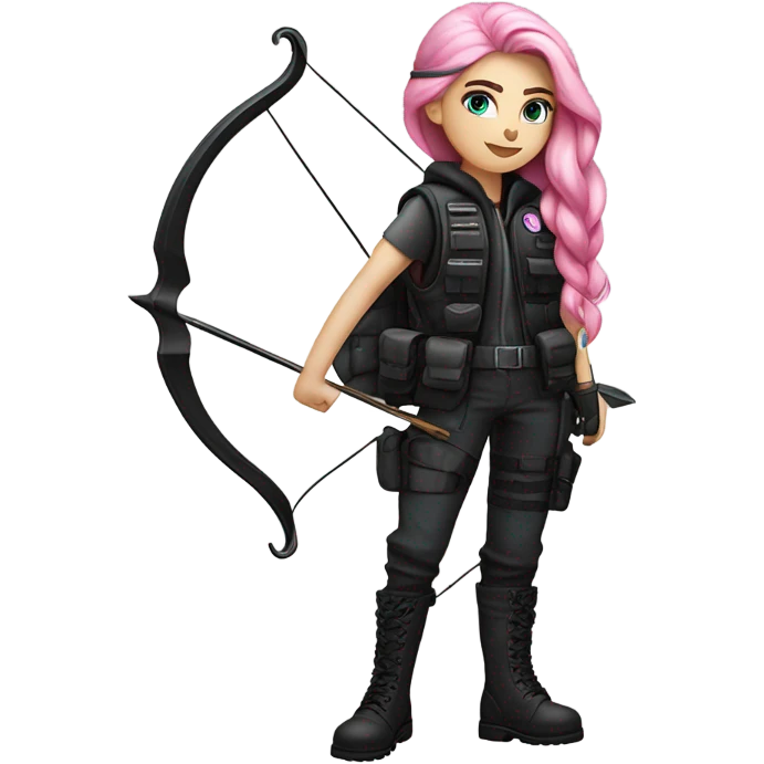 girl, white skin, tactical vest, dark pants, long pink hair, blue eyes, black beanie hat with crescent moon on front, black combat boots, bow and arrow emoji
