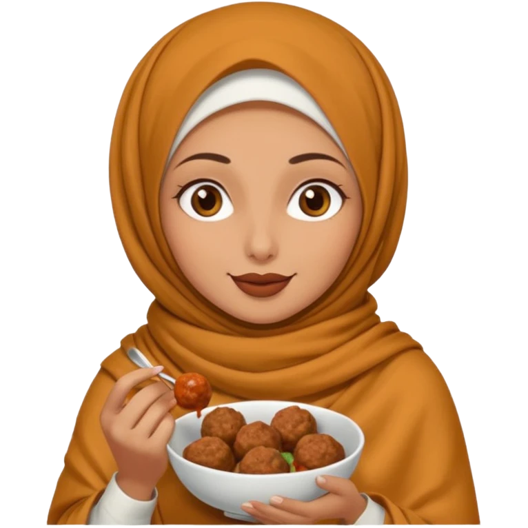 woman wearing a pashmina hijab eating meatballs emoji