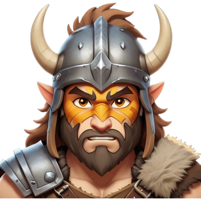 Cinematic Fierce Barbarian Portrait Emoji, Poised and bold with a rugged yet cartoonish build in tattered furs and a horned helmet, expressive bright eyes and a confident smirk, Simplified yet dynamic features, highly detailed, glowing with a vivid, adventurous aura, high shine, heroic and spirited, stylized with an air of medieval warrior charm, focused and energetic, soft glowing outline, capturing the essence of a fearless barbarian adventurer ready to lead his clan with spirited valor! emoji