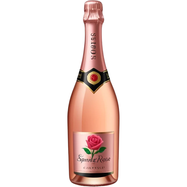 bottle of sparkling rosé champagne with a rose logo on the label, tilted up and to the right, no glass emoji
