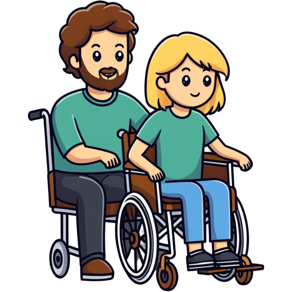 Single Brown haired man with a beard in a wheel chair with long blonde haired mom pushing the wheel chair emoji