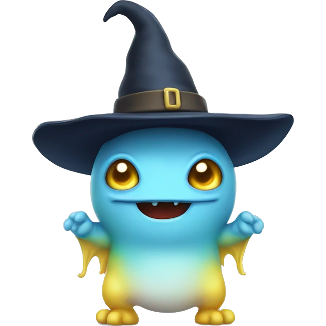 cute monster with white body, yellow tail, wearing blue sky witch hat. the face facing the front towards the 4th wall emoji