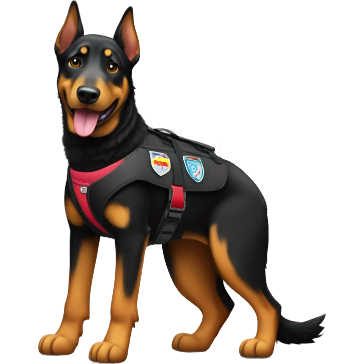 Beauceron dog with pointed ears full body wearing service dog vest  emoji