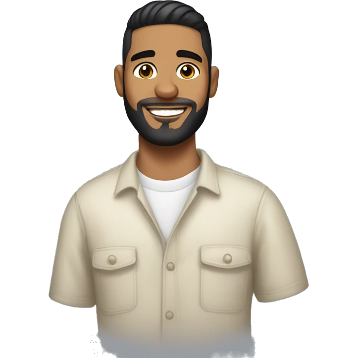 25 year latino guy with black crips hair with skin fade on the sides and full beard short hair, medium noes, dark brown eyes, little chuby smiling in a cool way emoji