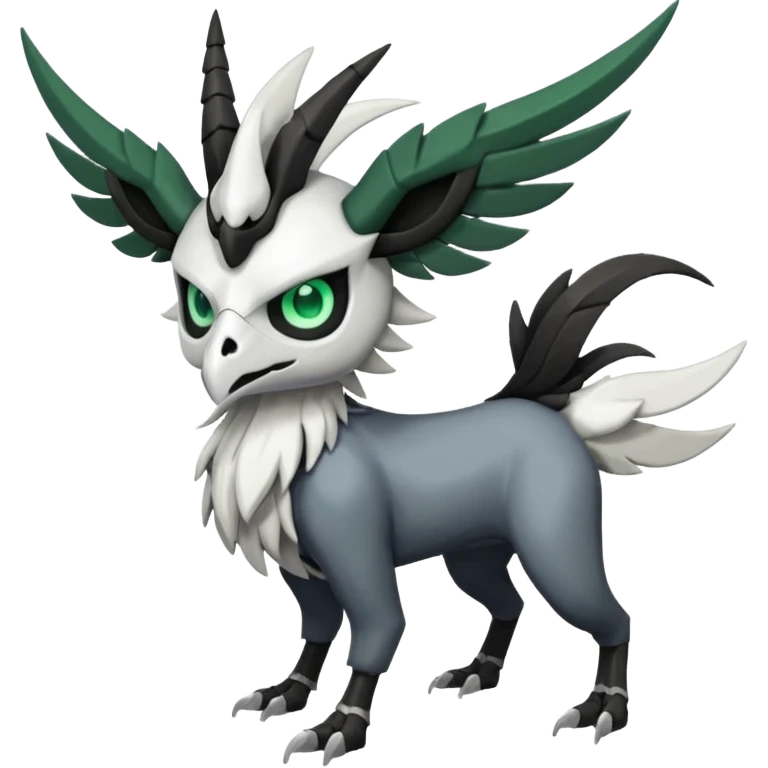 Shiny Black Grey White and Dark-Green Trico-Skarmory-Silvally-Skiddo-Sprigatito-Absol-fusion (full body) with and edgy white horned skull mask face emoji