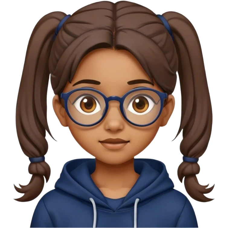 young south indian girl with big brown glasses wearing navy hoodie and has hair in ponytail with some strands out emoji