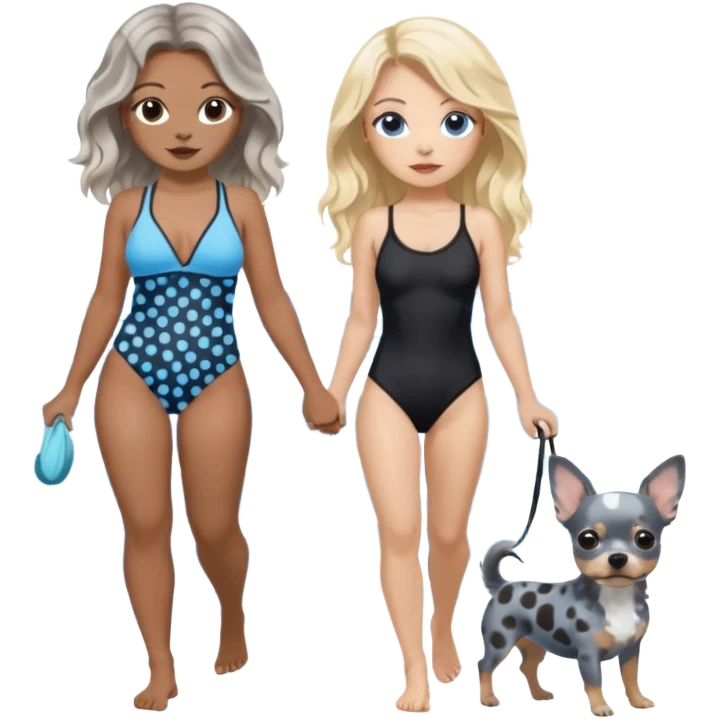 2 pretty women in bathing suits, hazel eyed light skin with dark brown wavy long hair, walking a blue and gray spotted Merle Frenchie the other blue eyed light skin long blonde hair with black chihuahua  emoji