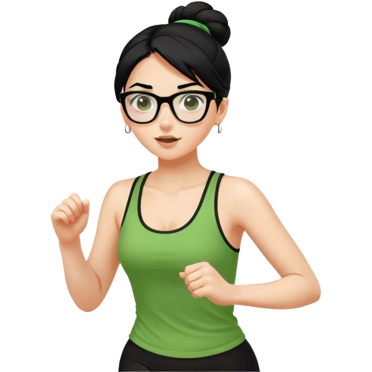 pretty girl white glasses black hair in a bun green tank top running emoji