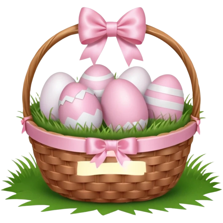 white basket full of light pink easter eggs on grass with a light pink bow emoji