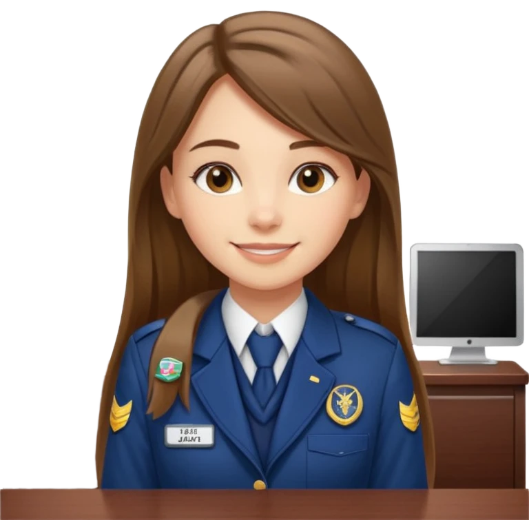 Young girl, long brown straight hair, wearing uniform jacket with hotel name badge, tasteful scarf, stand behind the desk

 emoji
