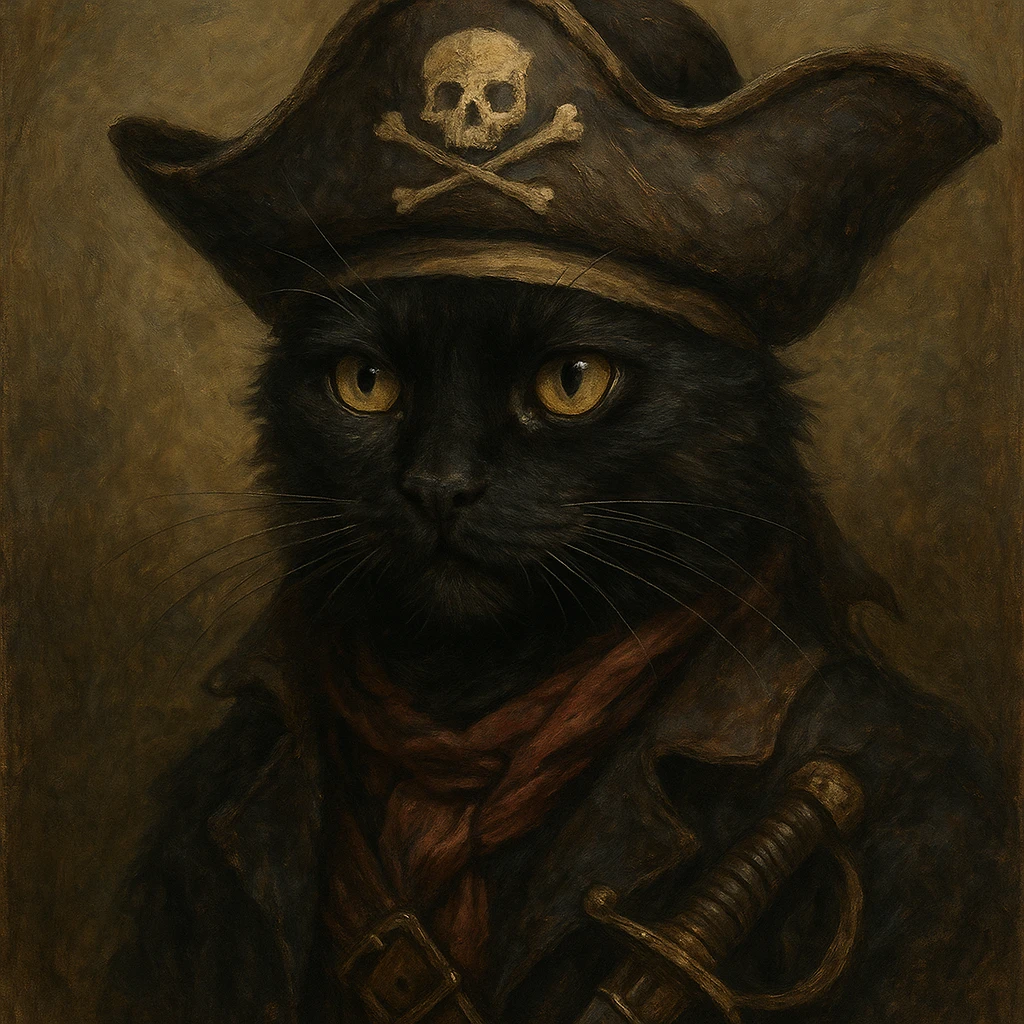 black cat with a pirate hat, style 3, detailed, artistic emoji