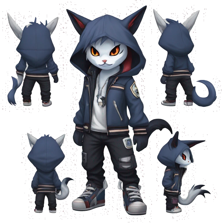 Cool Anthro Chibi Absol-Noivern-Litten-Lynx-Pokémon with edgy stripes hoodie spiked collar punk techwear Cargo Pants Full Body emoji