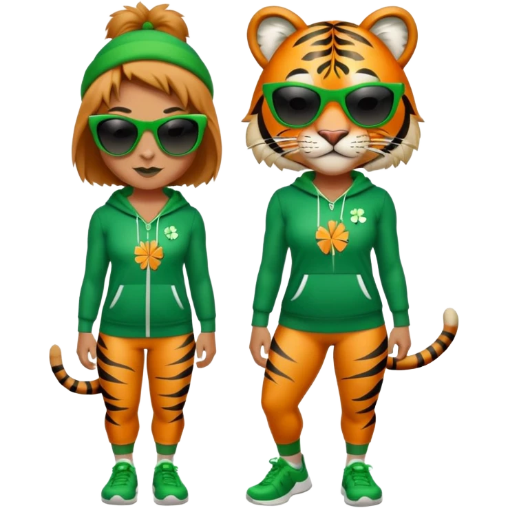 female energetic anthropomorphised tiger in full body, wearing St. Patrick's Day themed sportswear and dark sunglasses emoji