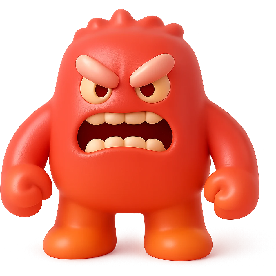 angry monster with furrowed brow, bared teeth, clenched fists, bright red and orange colors, toy-like emoji