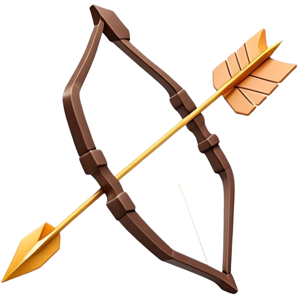Clash of Clans aesthetic: Cinematic Playful Pixel 3D Bow & Arrow Portrait Emoji, rendered in a 3D vector-style similar to standard emojis with minimal shading and bold, simplified shapes. A compact, distinct form with signature details, softly glowing with a pixelated adventure charm. Simplified yet unmistakably iconic, highly detailed and consistent, glowing with a soft radiance and high shine. Stylized with a touch of classic pixel-art charm and a soft glowing outline, capturing the essence of a beloved gaming relic with a friendly, playful manner! emoji