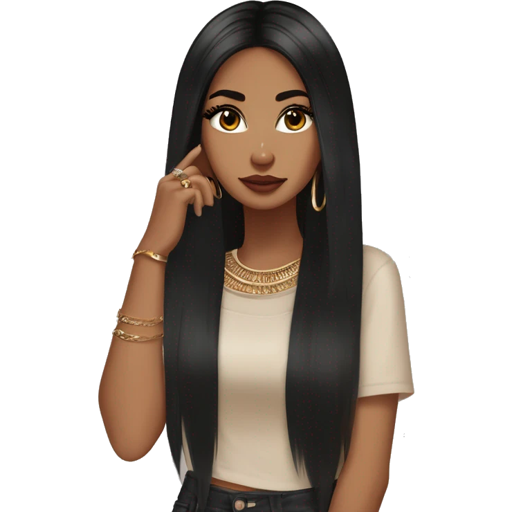 Glamorous, streetwear, black hair, long straight hair, olive skin, brown almond eyes, winged eyeliner with big lashes, wearing hooped earrings, rings and bracelets, almond fake nails emoji