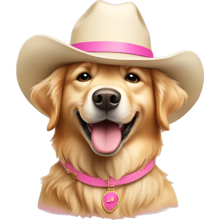 Cream color golden retriever wearing pink cowboy hat emoji