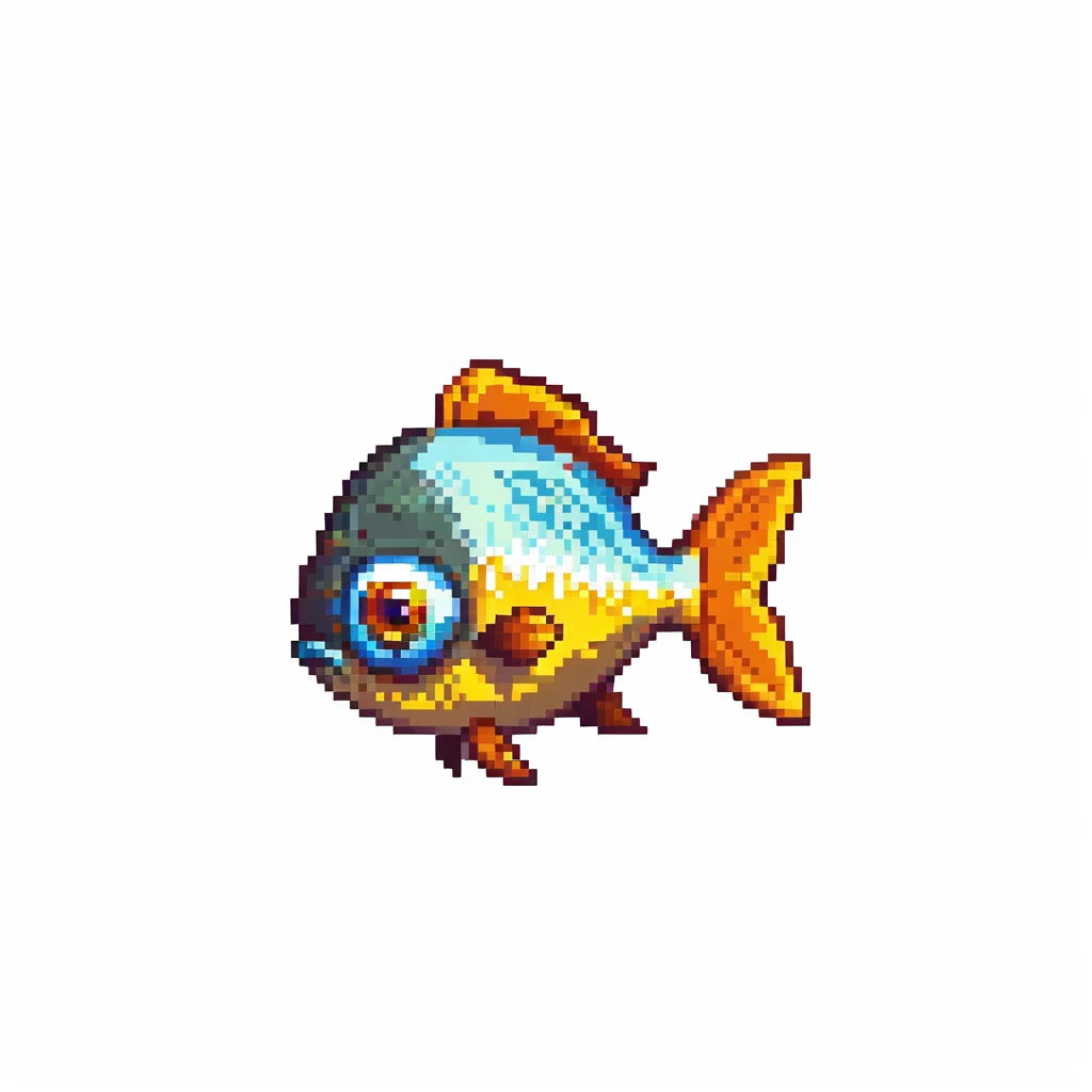 Minecraft inventory fish, eye pointing down-left at 45-degree angle, square texture, isolated fish with transparent background, pixel art game texture emoji