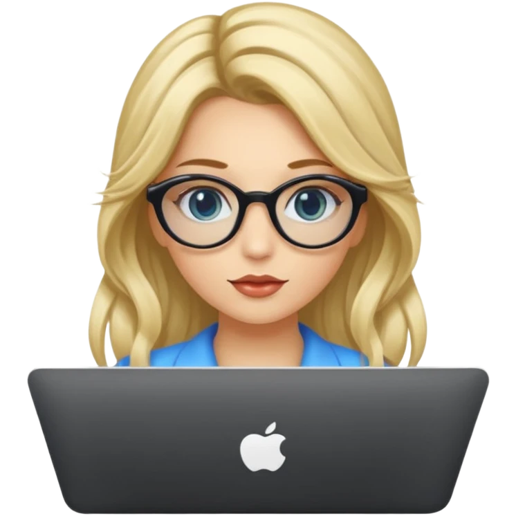 ragazza bionda con capelli lunghi, con occhiali tartarugati, occhi azzurri che lavora al pc emoji