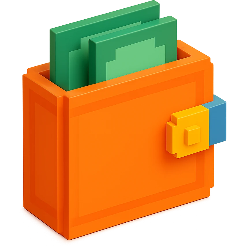3D voxel style icon of a wallet, with a bright color palette and simple cubic forms emoji