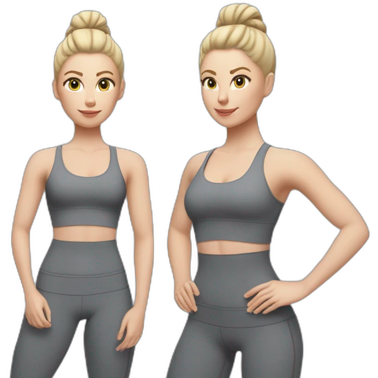 Pale skinned fit woman In a gray tight yoga suit and wristbands With ash blonde hair in a bun doing yoga emoji