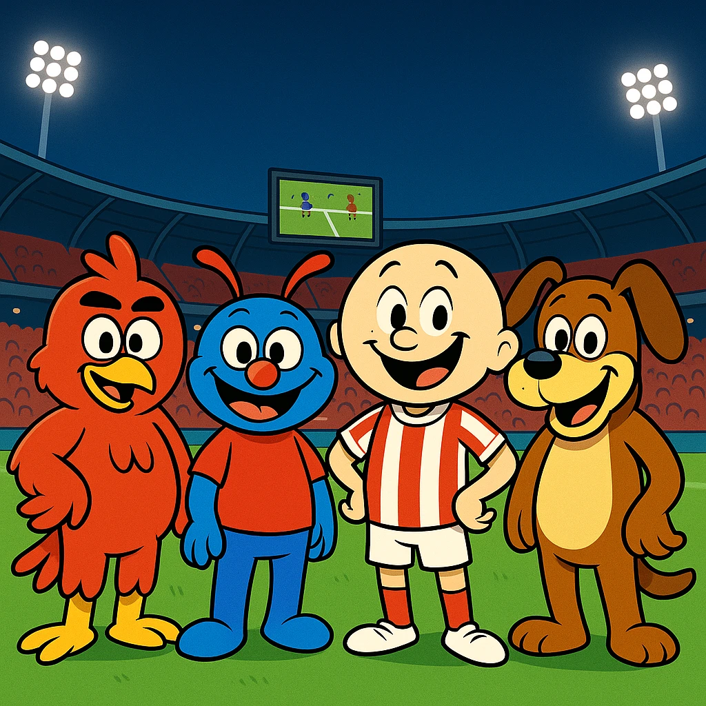 Make the five mascots much more cartoonish and exaggerated, with playful expressions and bold, fun shapes, while keeping the vibrant night soccer stadium, bright lights, green grass, red seats, large screen, and crowd in the background. Preserve the mascot colors and positions. emoji