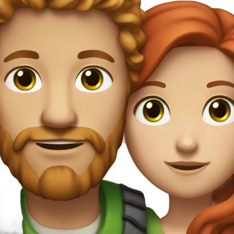 White man BROWN beard and BROWN eyes and BROWN hair hugging white woman with long RED hair and green eyes emoji