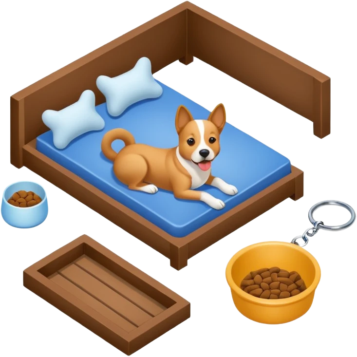 Goals:
1) Isometric view
2) Physically realistic portrayed in a way that would be expected to the average person
3) Avoid anything that could be considered offensive, even 2%

---
Now generate an image to represent a list to buy items for a dog. Items include: Kennel, bowl, bed, leash, etc emoji