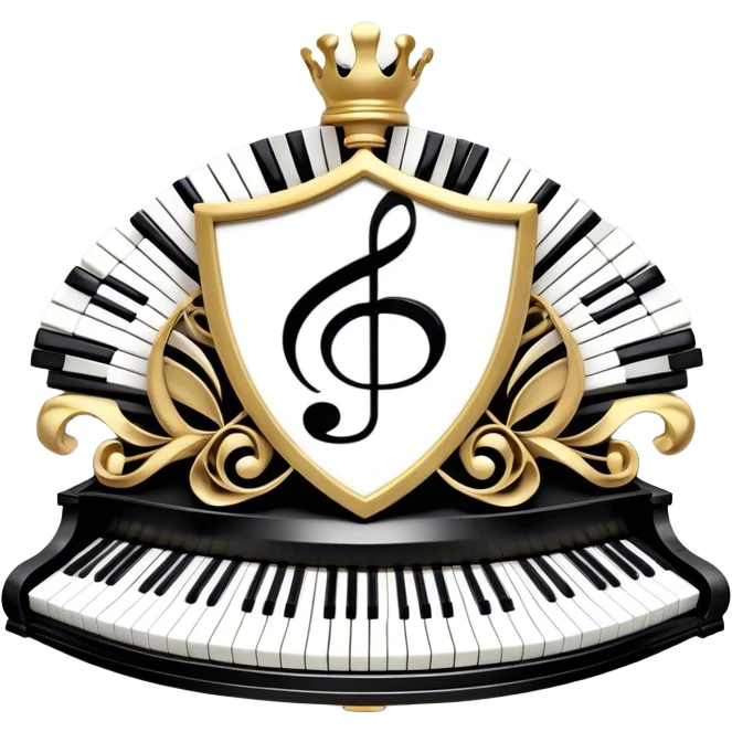 Create an elegant and festive emoji collage representing keyboard instruments, styled like a heraldic emblem. The design should feature a central focal point of black and white piano keys, arranged in a semi-circular or shield-like shape. Around the piano keys, add intertwining musical notes that form flowing ribbons, creating a dynamic and celebratory atmosphere. The design should be professional, with polished silver and gold accents on the keys and notes, highlighting the luxury and sophistication of the instruments. Add subtle shading and lighting effects to give the design a refined, 3D appearance. The background should remain transparent, and the overall feel should evoke grandeur, artistry, and a sense of celebration. emoji