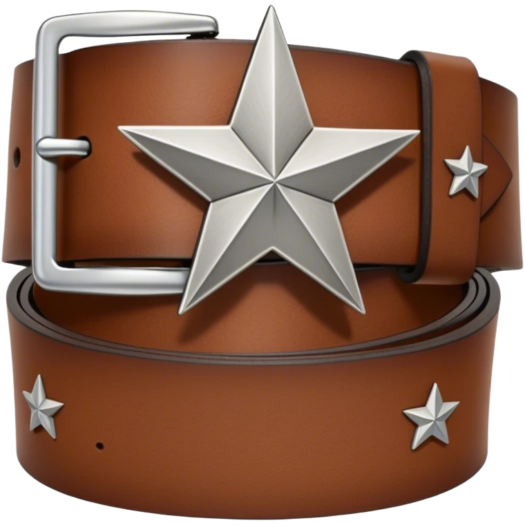 A standalone leather belt, folded neatly, brown color with a silver buckle featuring an engraved star symbol — no background, no person emoji