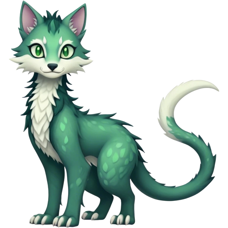 Kawaii dark edgy ethereal feline-vernid-sergal-fursona animal creature with a tufted tail full body with intricate markings with green eyes emoji