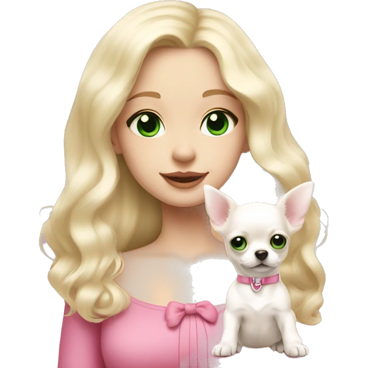 pale blond girl with wavy long platinum hair with green eyes holding a white chihuahua puppy that wearing a pink bow emoji