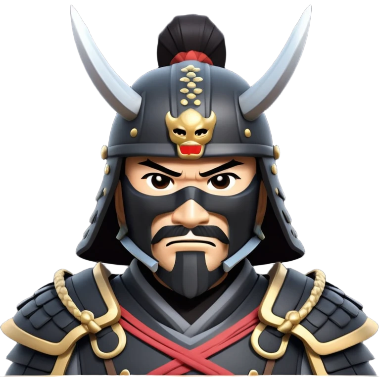 clash-of-clans-aesthetic_-cinematic-fearsome-and-majestic-samurai-bust-portrait-emoji, rendered in a flat, vector-style with minimal shading and bold, simplified shapes typical of emoji art, depicting a battle-hardened samurai with black mask and traditional black Japanese armor. The samurai is riding a noble grey warhorse adorned with an intricately designed saddle and fluttering banners and a rising sun. a samurai on a   horse emoji