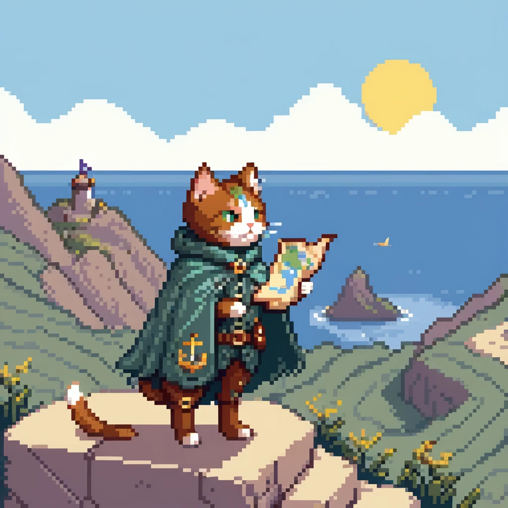 Explorer cat with map, mountain landscape with stars, wearing light explorer outfit with cape blowing in wind, gazing at horizon emoji