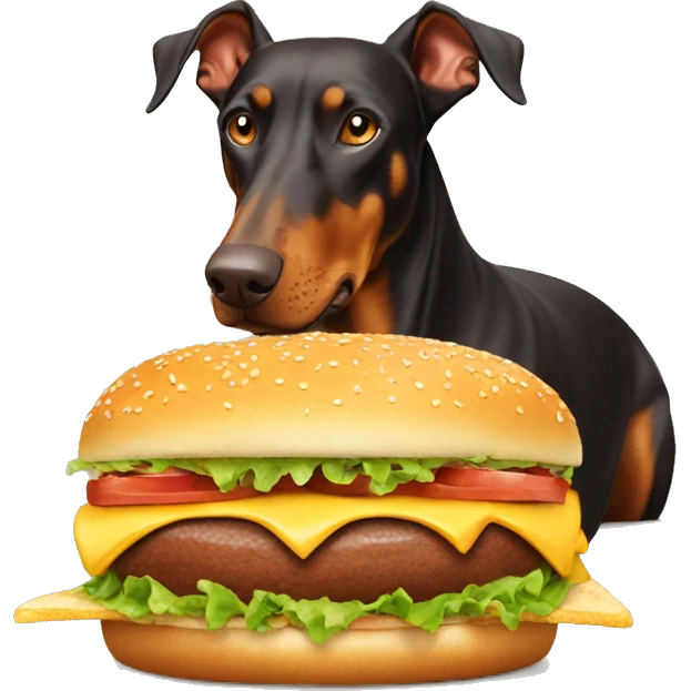 Brown dobermann eating burger emoji