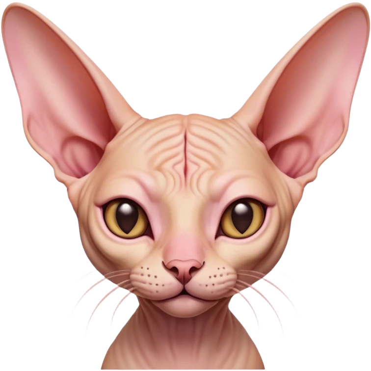 Cinematic Cute Sphynx Cat Portrait Emoji, Head tilted playfully and inquisitively, soft, wrinkled skin in warm peach and pink hues, oversized ears and wide, expressive eyes filled with curiosity, Simplified yet irresistibly adorable features, highly detailed, glowing with a warm, friendly glow, high shine, affectionate and lively, stylized with a touch of whimsy, bright and endearing, soft glowing outline, capturing the essence of a mischievous yet loving kitten, so playful it feels like it could pounce out of the screen and into your arms! emoji
