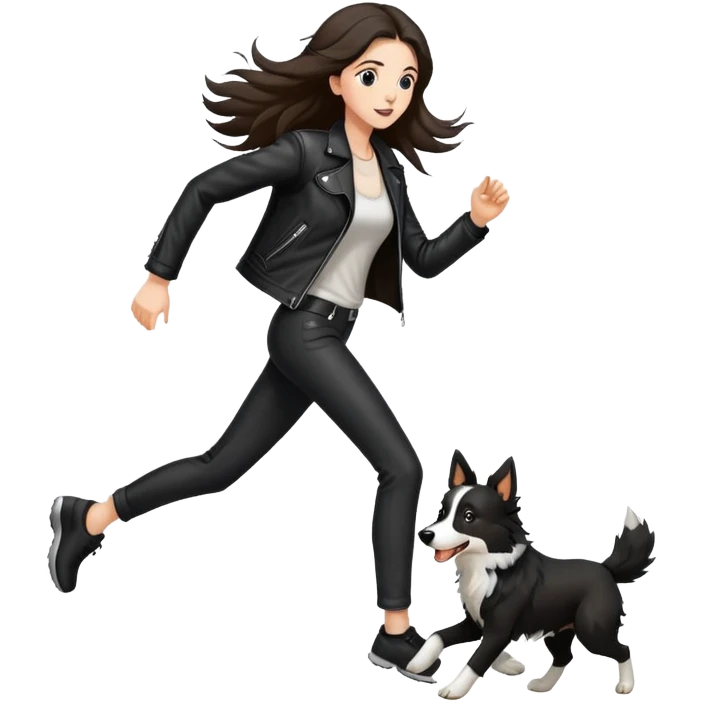 A beautiful tall girl with fair skin and long hair wearing a black leather jacket and black pants running with a Border Collie emoji