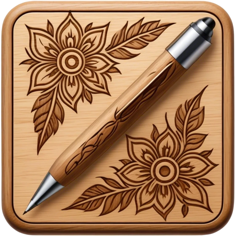 Pyrography icon, wooden surface with detailed burn marks, intricate patterns etched into wood using a hot stylus, no flames or smoke, minimalistic style, clean lines, transparent background. emoji