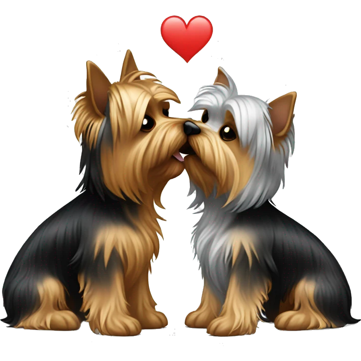 Two Yorkshire terriers kissing. One Yorkshire terrier is black and golden and the second Yorkshire terrier is silver and tan  emoji