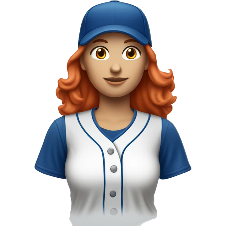 standing up white female coach with long red hair in blue  t-shirt and with a simple blue baseball hat emoji