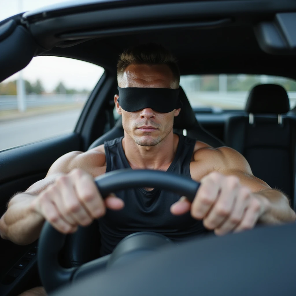 realistic young bodybuilder with blindfolded eyes, hands on steering wheel of a sports car, neutral expression, risk atmosphere, sporty clothing, urban road background, 4K quality emoji