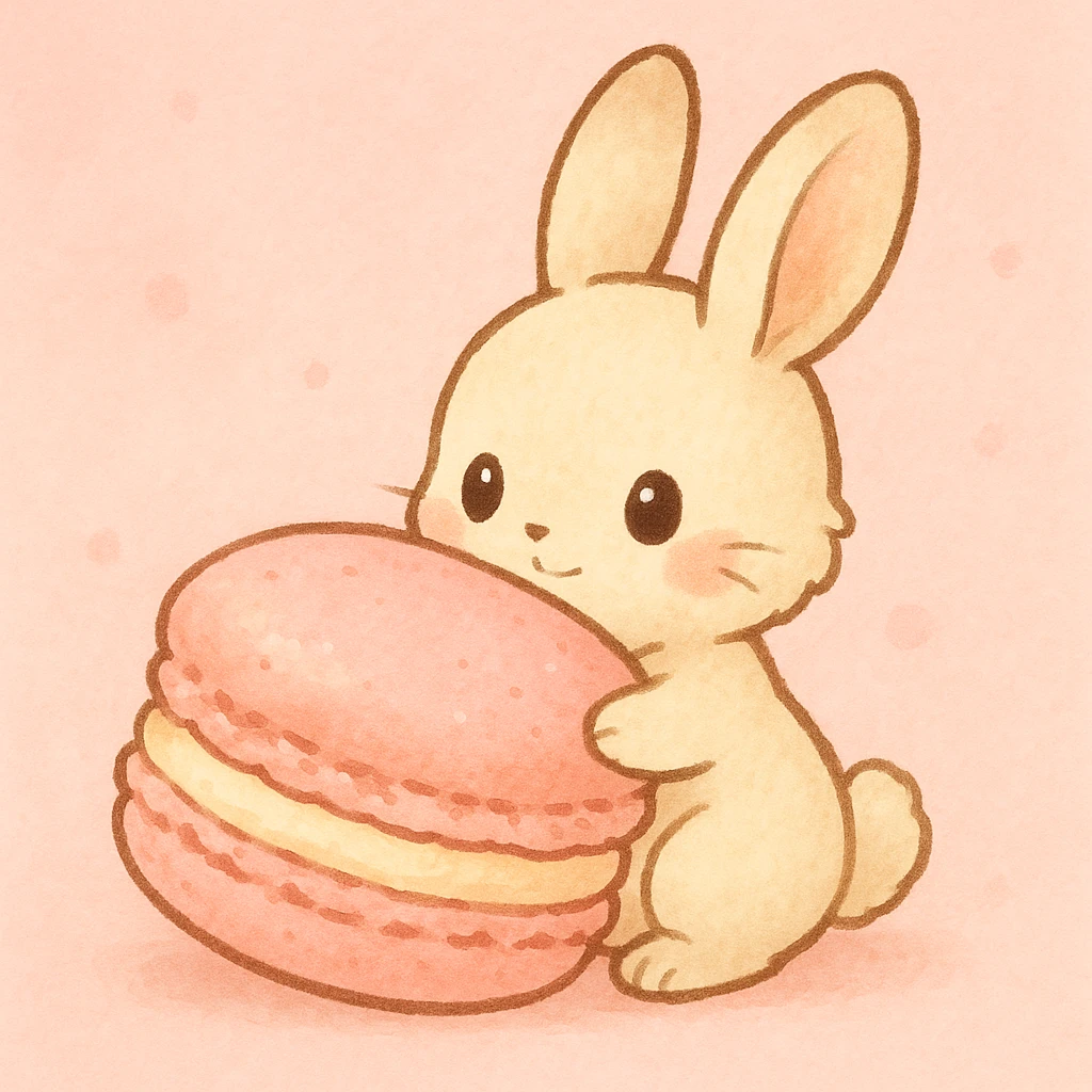 ghibli style chibi bunny holding a giant macaron, soft pink background, pastel dessert theme, adorable illustration emoji