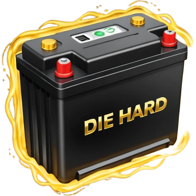 black car battery labeled 'Die Hard' with golden energy waves surrounding it, highlighting its strength emoji