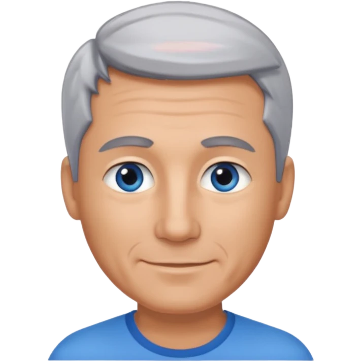 Middle aged man with tanned skin, little black to grey hair and no beard, blue eyes, shy smile emoji