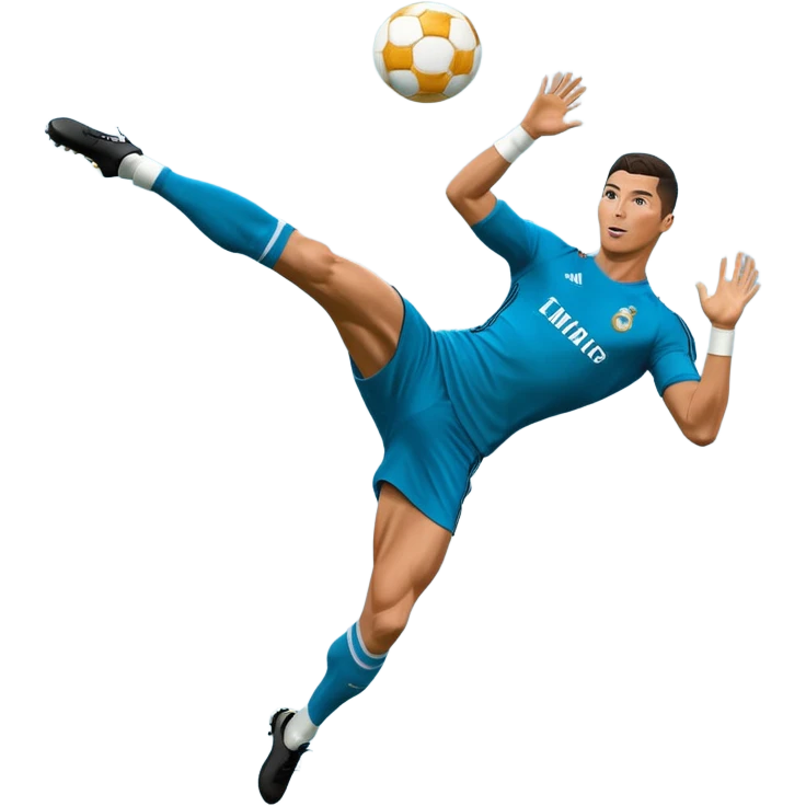 Ronaldo doing a bicycle kick with football in mid air While wearing a Retro blue Real madrid kit  emoji